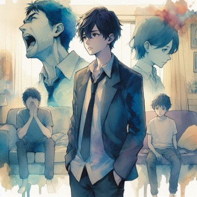 水彩アニメアートスタイルのイラスト。10代後半から20代前半の若者が、少し困惑した表情で遠くを見つめている。背景は淡い色合いの水彩タッチで、家庭や社会を象徴するぼんやりとしたシルエットや抽象的な形が重なり合う。強い影や怖い要素はなく、穏やかでやわらかな光が差し込む雰囲気。全体的に繊細で静かな感情を感じさせ、テーマの複雑な心情や社会的なプレッシャーをやさしく表現。