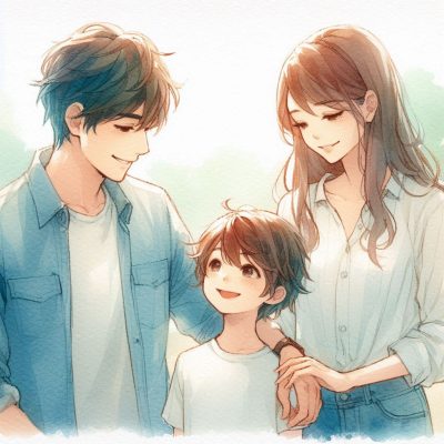 水彩アニメアートスタイルで、両親と10歳くらいの子どもが仲良くしている3人家族のイラストを描いてください。柔らかく透明感のある水彩のにじみや筆跡を活かしたタッチで、家族が肩を寄せて笑顔で見つめ合う温かい雰囲気にしてください。背景は淡い自然の風景で、全体的に優しく明るい色合いでお願いします。