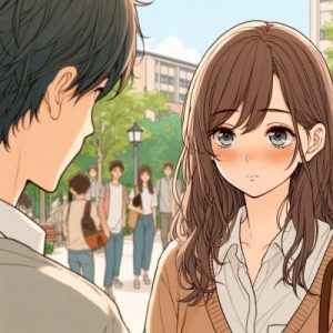 アナログ彩色風アニメイラスト。大学のキャンパスで20歳の女性が友人男性に向かって何かを語りかけている場面。女性の顔には、一縷の不安と戸惑いが滲んでおり、眉根はかすかに寄っているものの、強い不満や怒りではない。彼女は心配そうな表情で、男性に視線を向けている。二人はともにカジュアルな服装を身につけている。
